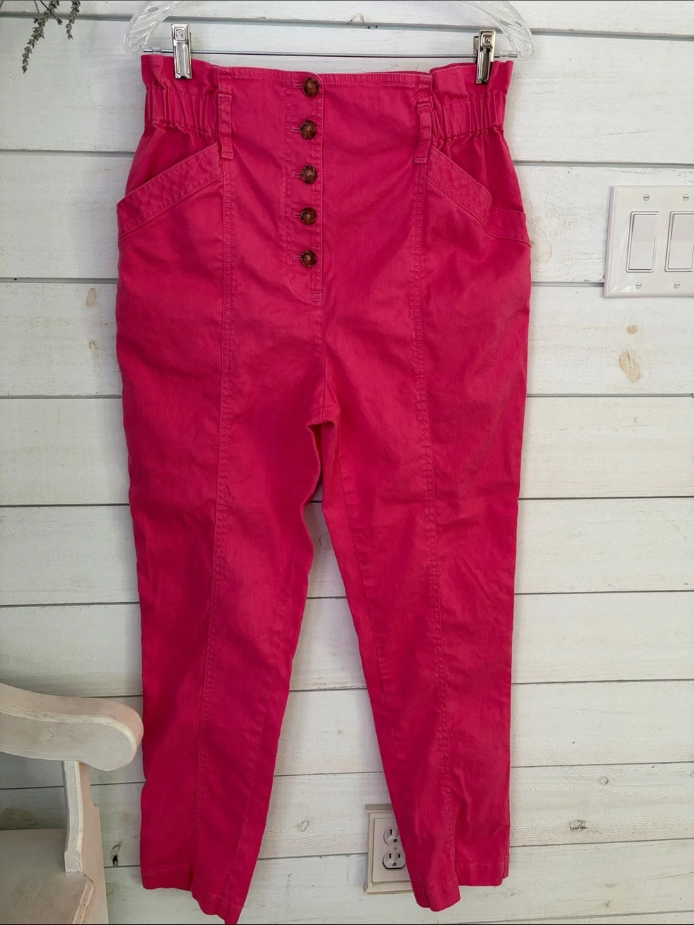 Sézane Arthuro Bright Pink High Waist Button Front Linen Trousers Pants Size 6